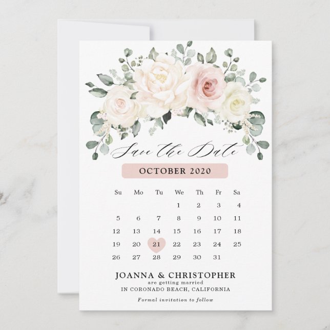 Champagne Ivory Blush Pink Pastel Floral Calendar  Save The Date (Front)