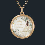 Champagne Ivory Floral Butterflies Quinceañera Gold Plated Necklace<br><div class="desc">This beautiful necklace is the perfect memento for the quince girl featuring enchanting ivory white roses, a girl dressed in a beautiful champagne ivory gown, and fluttering gold butterflies. Personalise it with your own wording easily and quickly, simply press the customise it button to further re-arrange and format the style...</div>