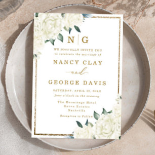  Champagne Ivory Floral Frame Monogram Wedding Invitation