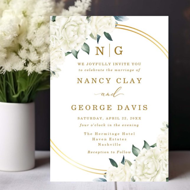 Champagne Ivory Floral Greenery Monogram Wedding Invitation (Creator Uploaded)