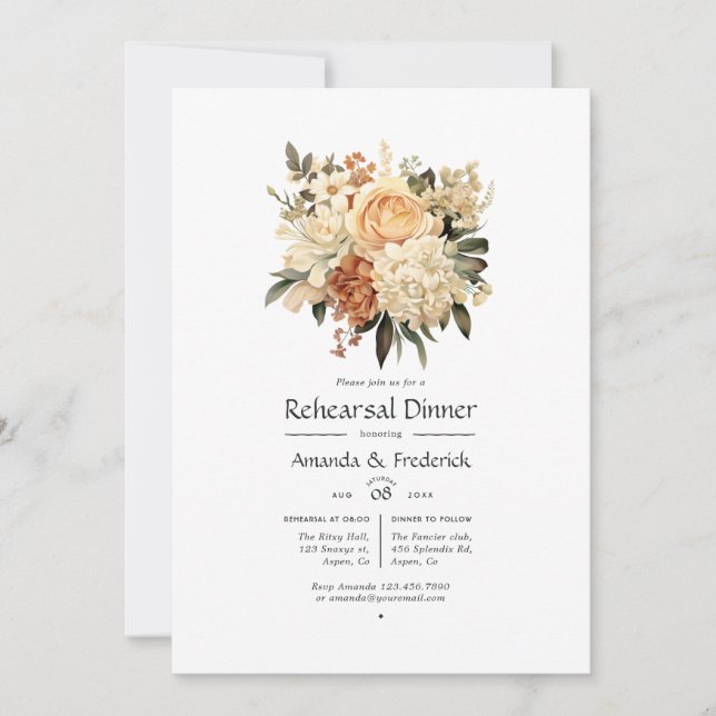 Champagne & Ivory Floral Wedding Rehearsal Dinner Invitation (Front)