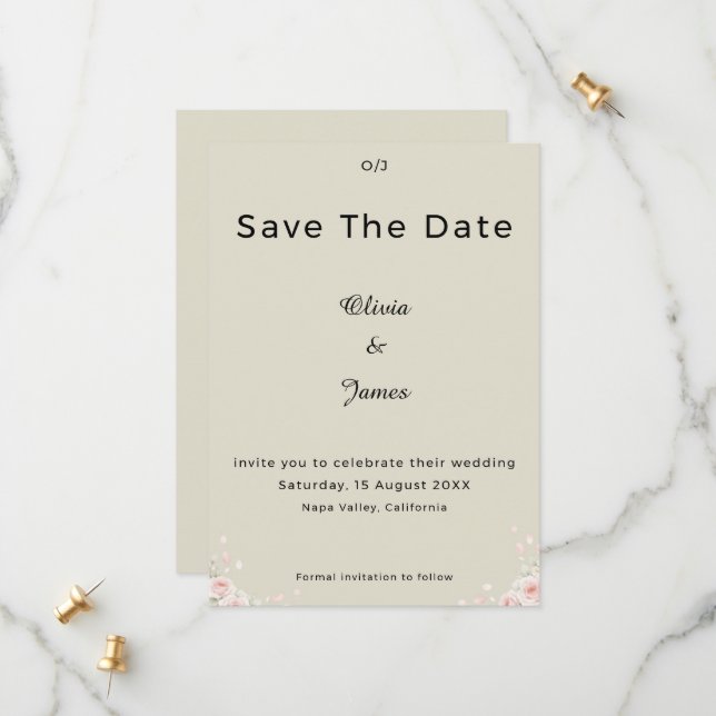 Champagne Ivory Whispered Petals Minimalist Script Save The Date (Front/Back In Situ)