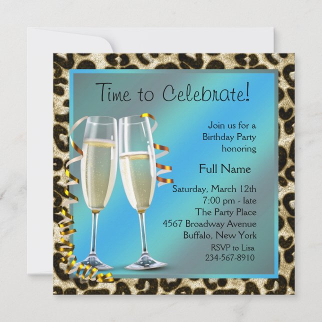 Champagne Leopard Birthday Party Invitations (Front)