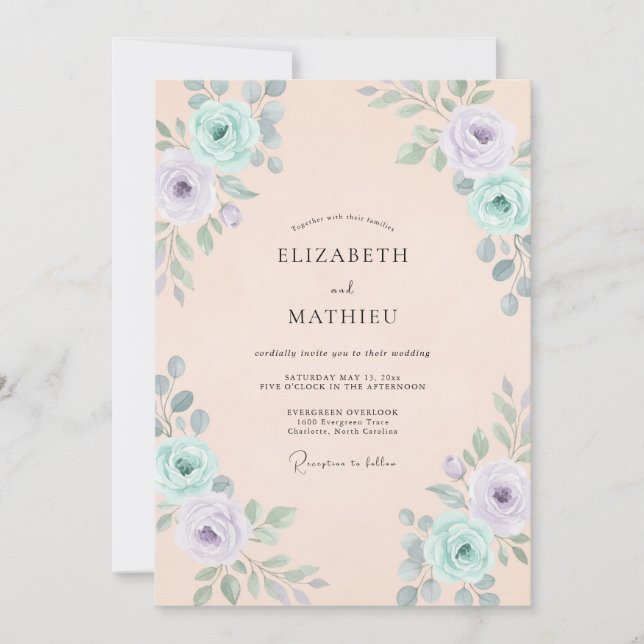Champagne Lilac Aqua Peony Wedding Invitation (Front)