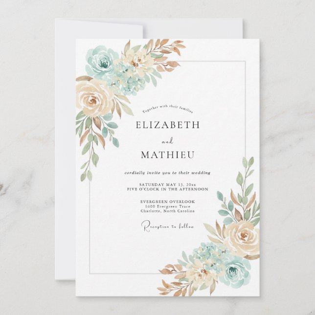 Champagne Mint Ranunculus Eucalyptus Wedding Invitation (Front)