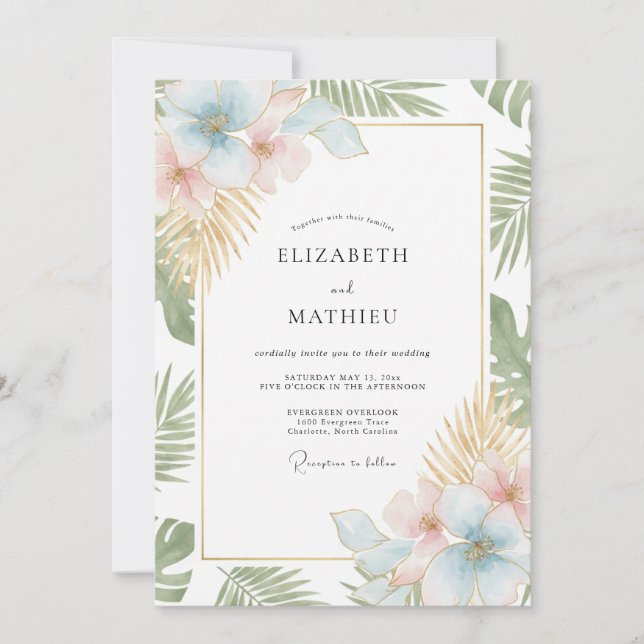 Champagne Mint Tropical Eucalyptus Wedding Invitation (Front)