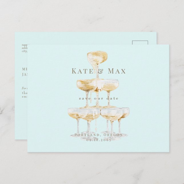 Champagne Modern Seafoam Wedding Save the Date Postcard (Front/Back)