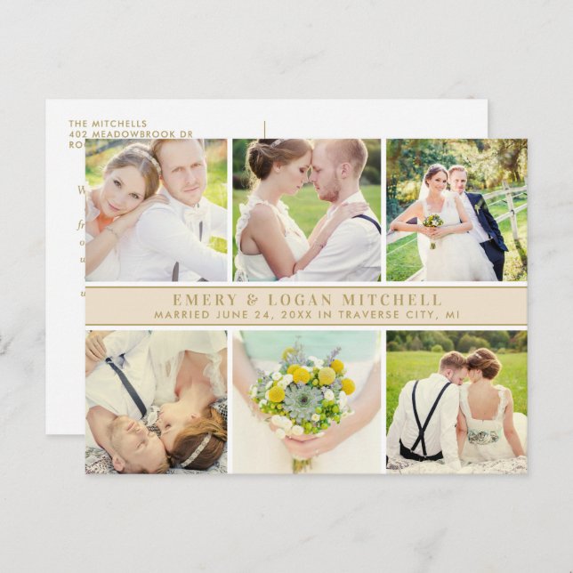 Champagne Monogram Wedding Photo Collage Thank You Postcard (Front/Back)