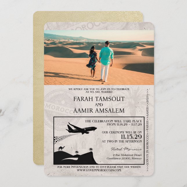 Champagne Morocco Passport Wedding Invitation (Front/Back)