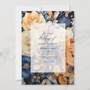 Champagne, Navy and Brown Floral Spring Wedding Invitation