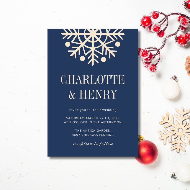 Champagne & Navy Blue Simple Snowflake Wedding Invitation (Creator Uploaded)