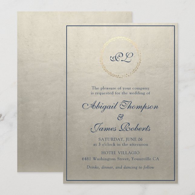 Champagne Navy Elegant Monogram Wedding Invitation (Front/Back)