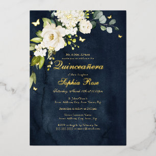 Champagne Navy Floral Golden Butterfly Quinceanera