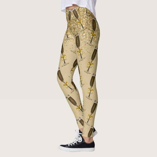 Champagne New Year Eve Celebration Gold Glitter Leggings (Left)
