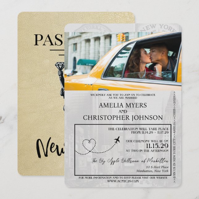 Champagne New York City Passport Wedding Invitation (Front/Back)