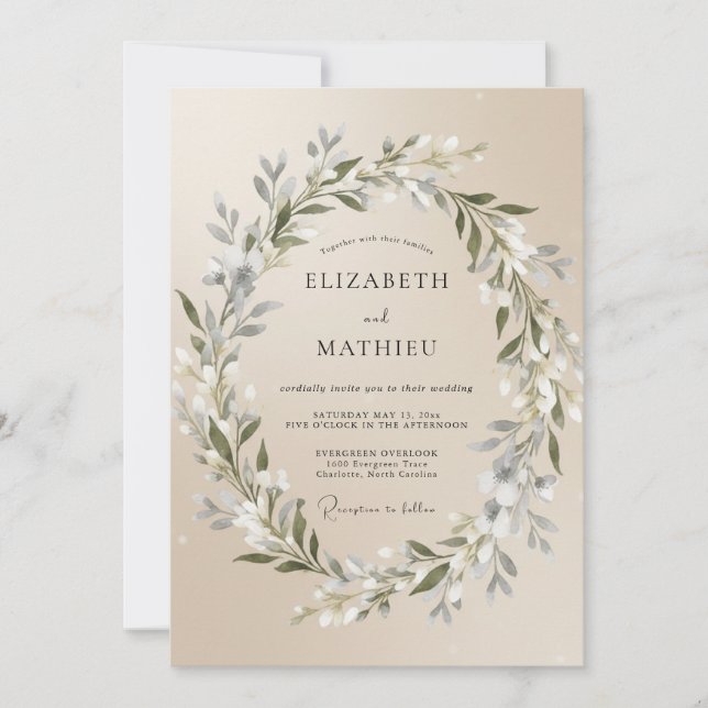 Champagne Olive Leaf Wedding Invitation (Front)