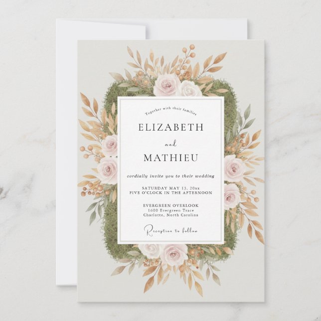Champagne Olive Leafy Wedding Invitation (Front)