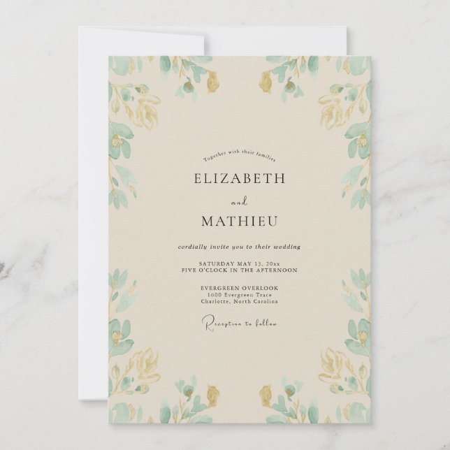 Champagne Olive Sage Leafy Wedding Invitation (Front)