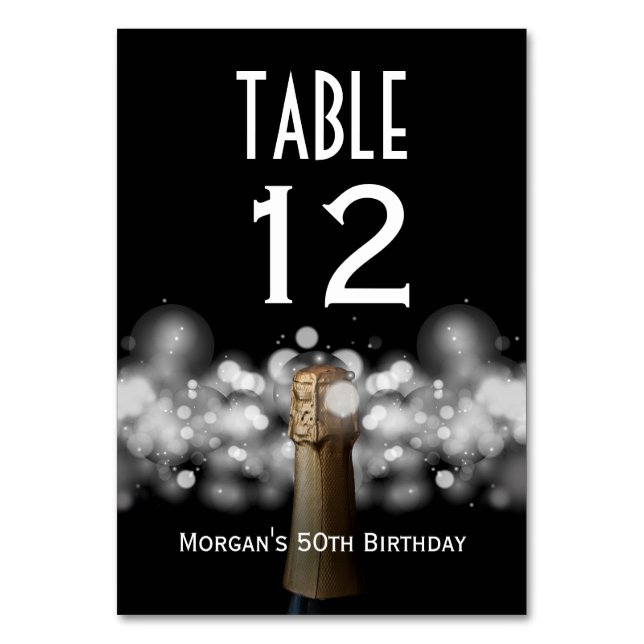 Champagne on Black & White Bokeh Table Number (Front)