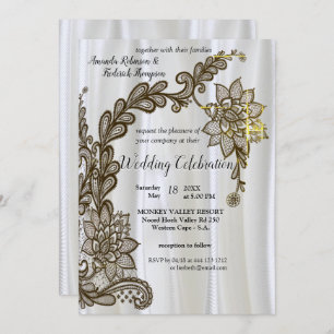 Champagne Or silver Silk & black Lace Invitation