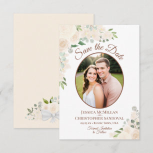 Champagne Peach Boho Floral Oval Photo Wedding Save The Date