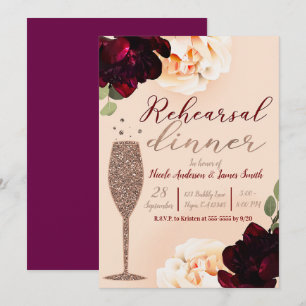 Champagne Peach Marsala Floral Rehearsal Dinner Invitation
