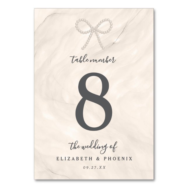 Champagne Pearl Bow Elegant Luxury Wedding Table Number (Front)