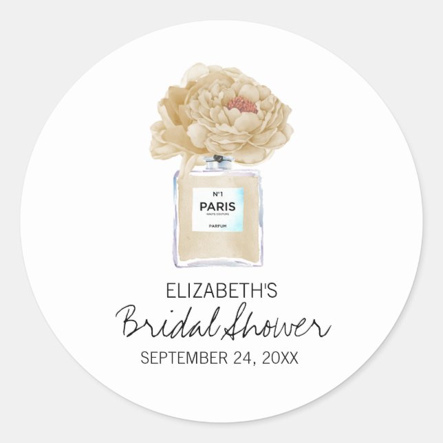 Champagne Peonies and Perfume Floral Bridal Shower Classic Round Sticker (Front)
