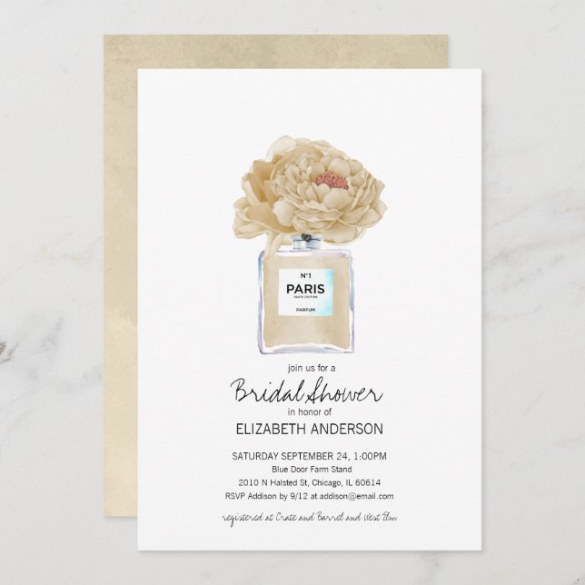 Champagne Peonies and Perfume Floral Bridal Shower Invitation (Front/Back)