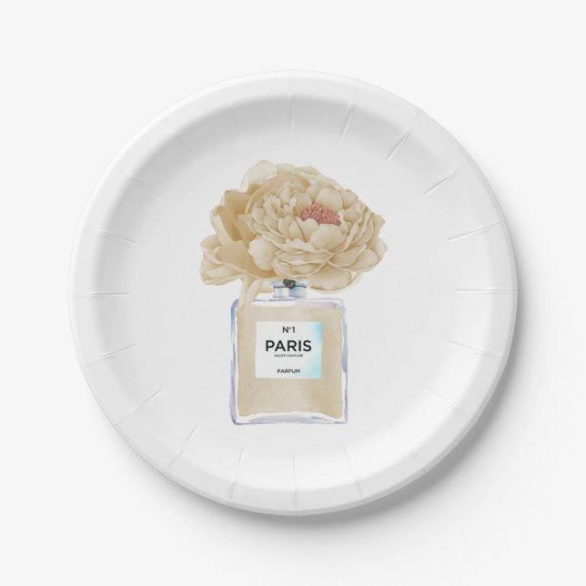 Champagne Peonies and Perfume Floral Bridal Shower Paper Plate (Front)