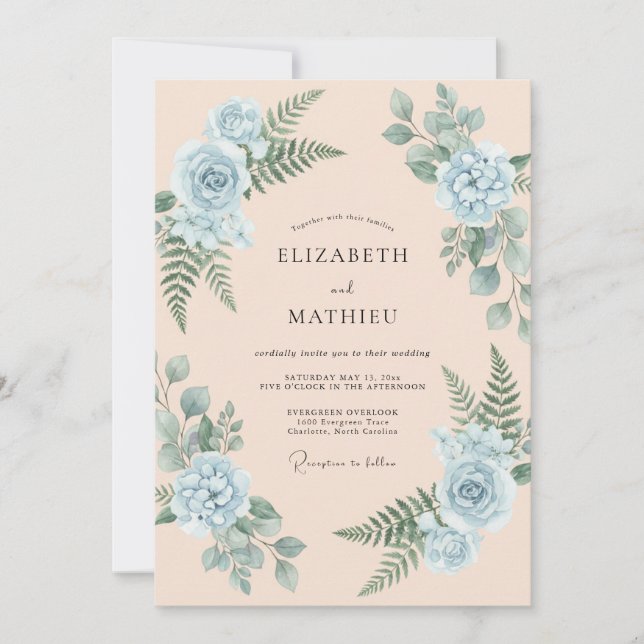 Champagne Periwinkle Fern Wedding Invitation (Front)