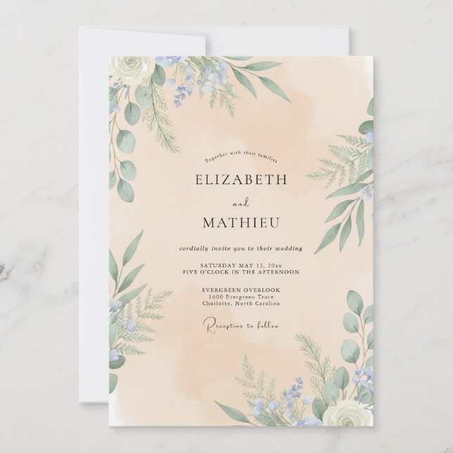Champagne Periwinkle Leaf Wedding Invitation (Front)