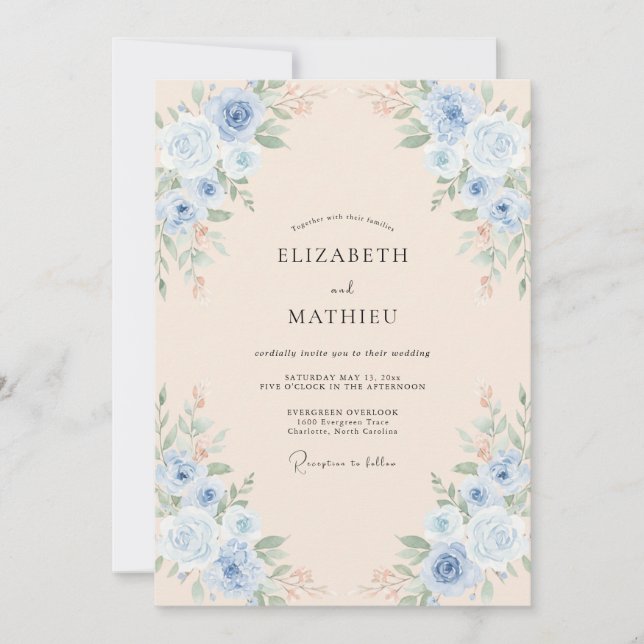 Champagne Periwinkle Peony Wedding Invitation (Front)