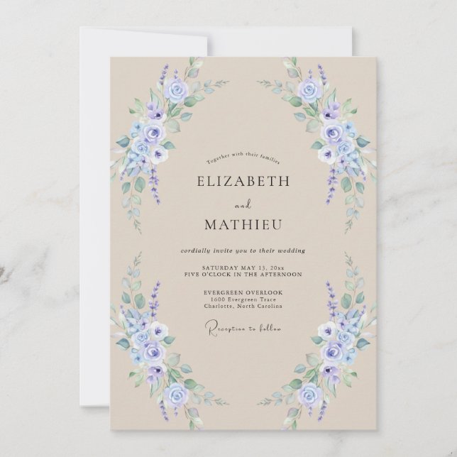 Champagne Periwinkle Sprig Eucalyptus Wedding Invitation (Front)