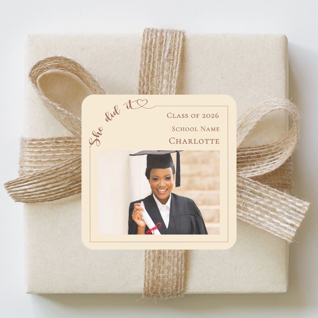 Champagne photo She did it Graduate  Square Sticker (Creator Uploaded)