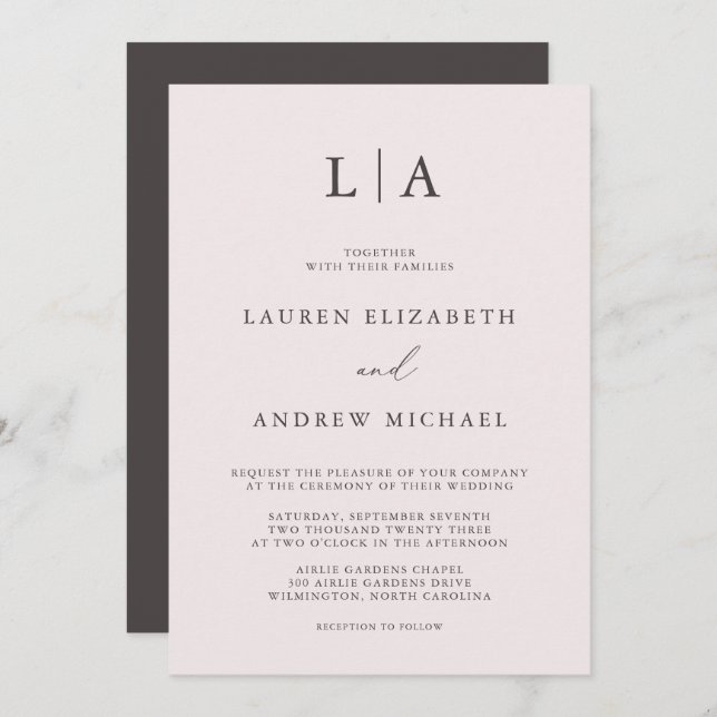 Champagne Pink and Brown Monogram Wedding Invitation (Front/Back)