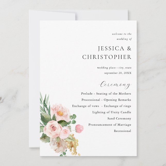 Champagne & Pink Floral Wedding Ceremony Program (Front)