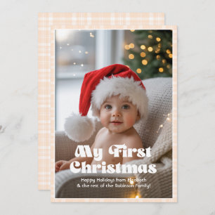 Champagne Pink Gingham My First Christmas Baby Holiday Card