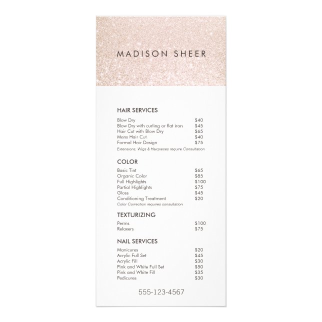 Champagne Pink Glitter Salon Price List Menu (Front)