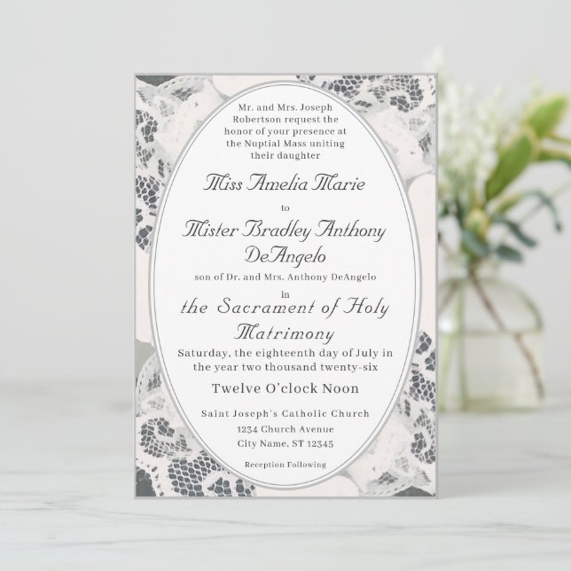 Champagne Pink Lace Catholic Wedding Invitation (Standing Front)