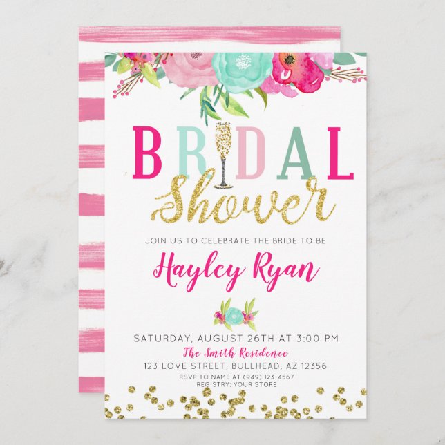 Champagne Pink & Mint Flowers Bridal Shower Invitation (Front/Back)