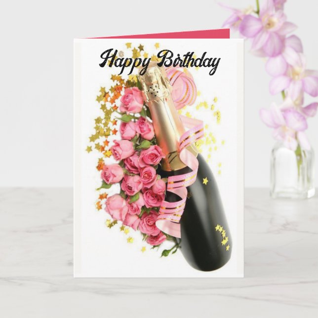 Champagne & Pink Roses Birthday Card (Orchid)