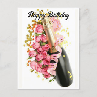 Champagne & Pink Roses Birthday Post card