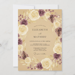 Champagne Plum Wreath Wedding Invitation