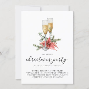 Champagne Poinsettia and Greenery Christmas Party  Invitation