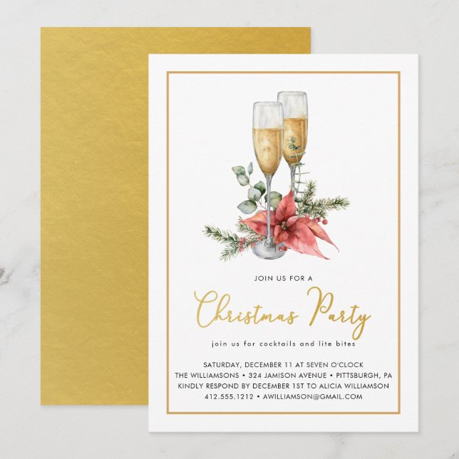 Champagne Poinsettia Greenery Gold Christmas Party Invitation (Front/Back)