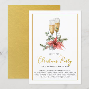Champagne Poinsettia Greenery Gold Christmas Party Invitation