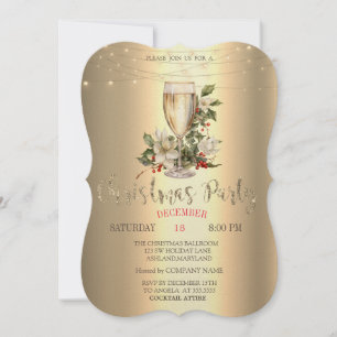 Champagne,Poinsettia,Holly Berry Gold Christmas  Invitation