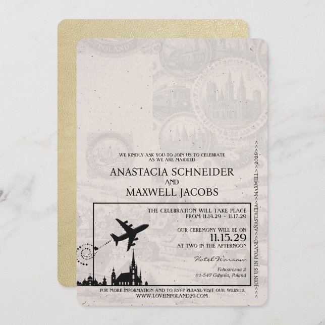 Champagne Poland Passport Wedding Invitation (Front/Back)