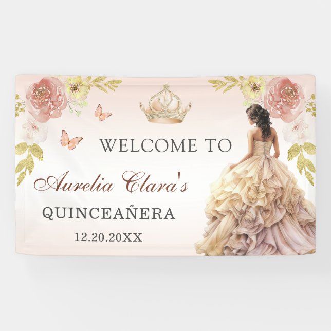 Champagne Princess Dress Quinceañera Birthday Banner (Horizontal)